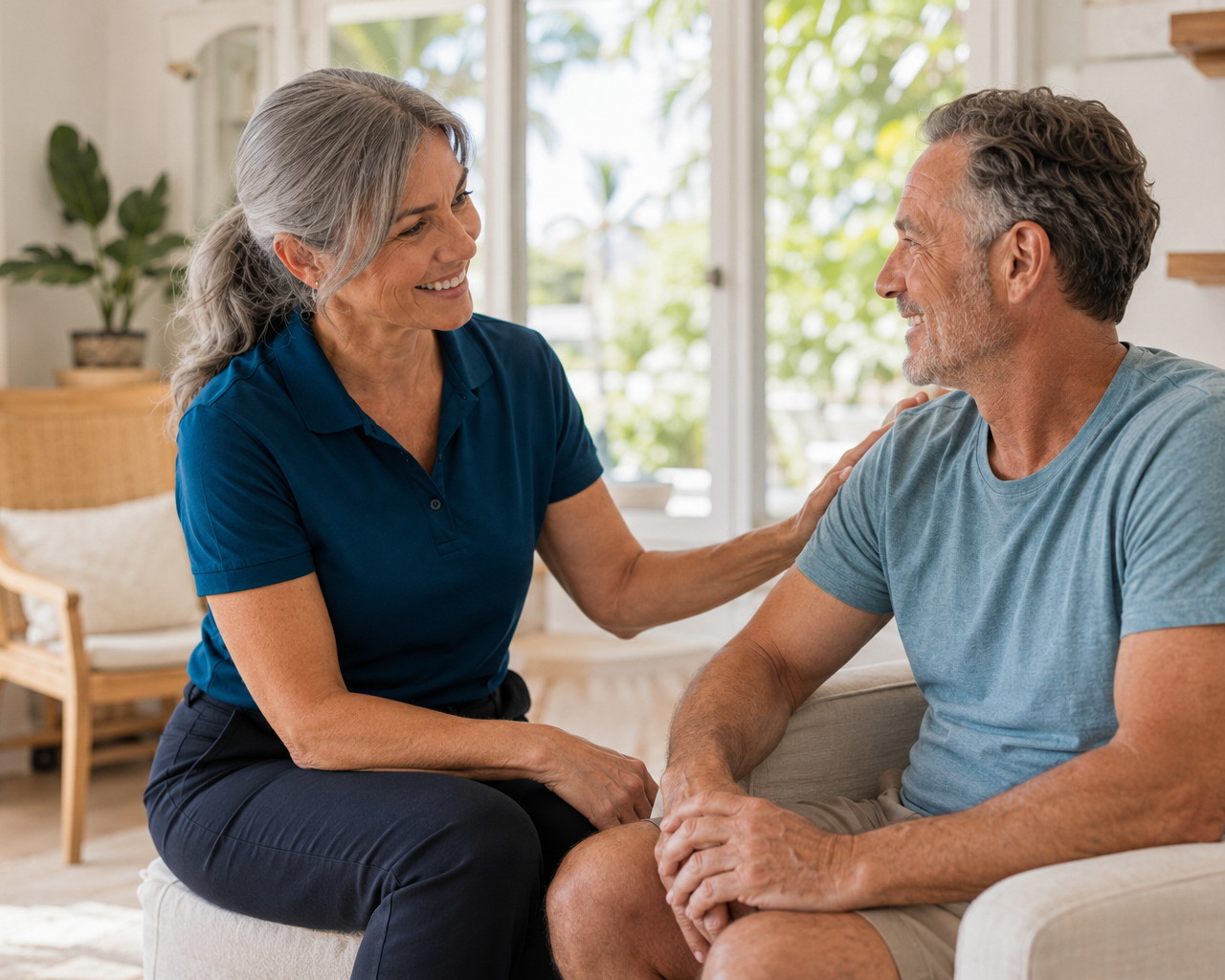 A phlebotomist talking with a patient